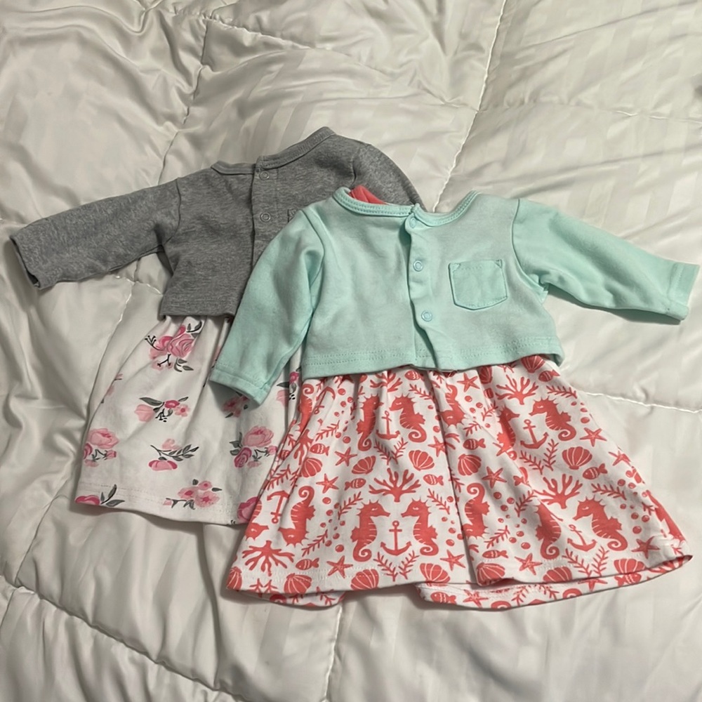 Pink & Gray Floral A-line Dress Set and Sea Sleeveless Dress Set